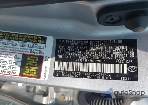 2017 Toyota Camry Se from USA, damaged, VIN 4T1BF1FK2HU629667